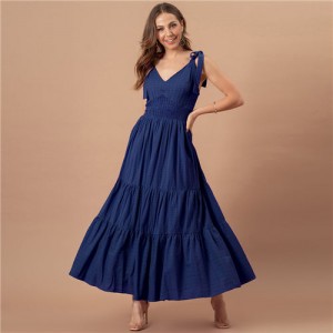 Summer Bow-knot Shoulder Strap Solid Color French Style Romantic Jacquard Dress - Ink Blue