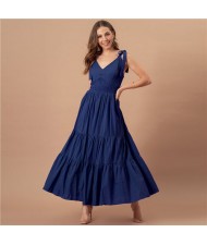 Summer Bow-knot Shoulder Strap Solid Color French Style Romantic Jacquard Dress - Ink Blue