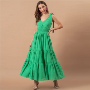 Summer Bow-knot Shoulder Strap Solid Color French Style Romantic Jacquard Dress - Green