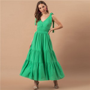 Summer Bow-Knot Shoulder Strap Solid Color French Style Romantic Jacquard Dress - Green