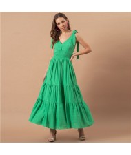 Summer Bow-knot Shoulder Strap Solid Color French Style Romantic Jacquard Dress - Green