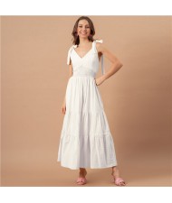 Summer Bow-knot Shoulder Strap Solid Color French Style Romantic Jacquard Dress - White