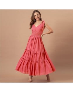 Summer Bow-knot Shoulder Strap Solid Color Franch Style Romantic Jacquard Dress - Fuchsia