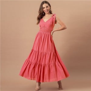Summer Bow-knot Shoulder Strap Solid Color French Style Romantic Jacquard Dress - Red
