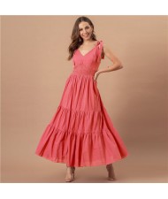 Summer Bow-knot Shoulder Strap Solid Color Franch Style Romantic Jacquard Dress - Fuchsia