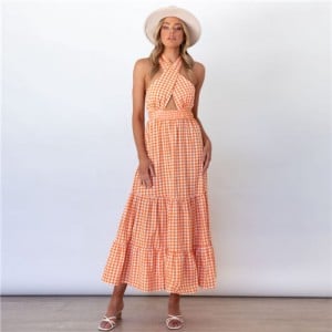 Europe and America Popular Backless Plaid  Summer Beach Long Dress - Orange