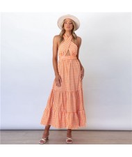 Europe and America Popular Backless Plaid  Summer Beach Long Dress - Orange