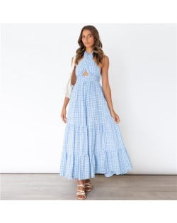 Europe and America Popular Backless Plaid  Summer Beach Long Dress - Orange