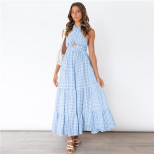 Europe and America Popular Backless Plaid  Summer Beach Long Dress - Blue