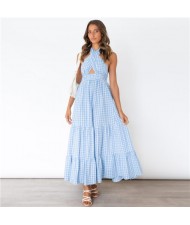 Europe and America Popular Backless Plaid  Summer Beach Long Dress - Orange