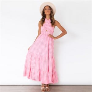 Europe and America Popular Backless Plaid  Summer Beach Long Dress - Pink