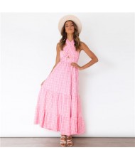 Europe and America Popular Backless Plaid  Summer Beach Long Dress - Pink