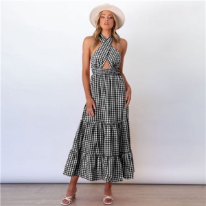 Europe and America Popular Backless Plaid  Summer Beach Long Dress - Black