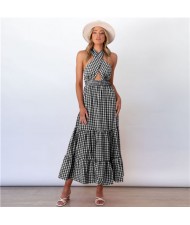 Europe and America Popular Backless Plaid  Summer Beach Long Dress - Black