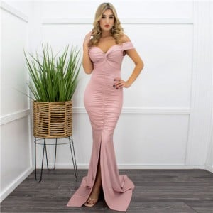 European and American Fashion Summer V-neck Elegant Slim Long Dinner Party Dress - Pink
