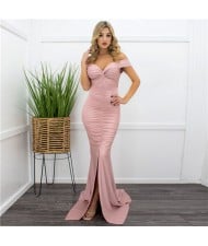European and American Fashion Summer V-neck Elegant Slim Long Dinner Party Dress - Pink