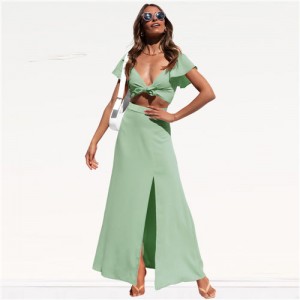 Summer Chiffon Fashion Casual Beach Long Dress Suit - Green