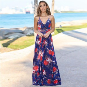 French Design Elegant Sling Floral Wholesale Fashion Long Dress - Blue