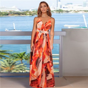 French Design Elegant Sling Floral Wholesale Fashion Long Dress - Orange