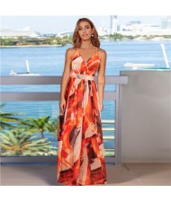 French Design Elegant Sling Floral Wholesale Fashion Long Dress - Orange