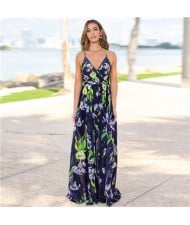 French Design Elegant Sling Floral Wholesale Fashion Long Dress - Blue