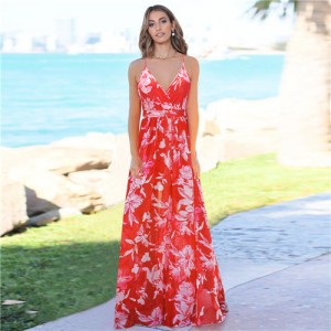 French Design Elegant Sling Floral Wholesale Fashion Long Dress - Red
