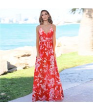 French Design Elegant Sling Floral Wholesale Fashion Long Dress - Red