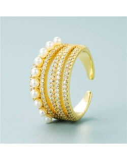 Popular Wide Version Zircon and Pearl Decorated Women Open-end Ring