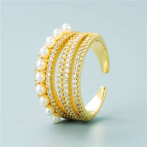 Popular Wide Version Zircon and Pearl Decorated Women Open-end Ring