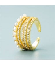 Popular Wide Version Zircon and Pearl Decorated Women Open-end Ring