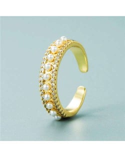 Popular Narrow Side Zircon and Pearl Decorated Women Open-end Ring