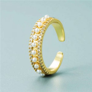Popular Narrow Side Zircon and Pearl Decorated Women Open-end Ring