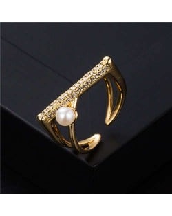 Unique Design Artificial Pearl Geometric Shape Gold Plated Copper Women Ring