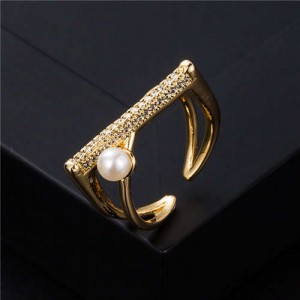 Unique Design Artificial Pearl Geometric Shape Gold Plated Copper Women Ring