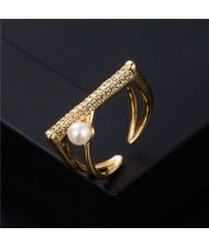 Unique Design Artificial Pearl Geometric Shape Gold Plated Copper Women Ring