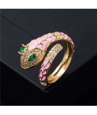 Internet Celebrity Fashion Oil-spot Glaze Animal Series Snake Design Women Ring - Pink