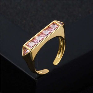 Popular Hip Hop Style Plain Unique Design Cubic Zirconia Women Costume Ring - Pink