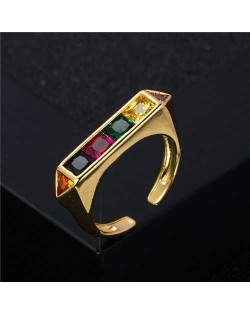 Popular Hip Hop Style Plain Unique Design Cubic Zirconia Women Costume Ring - Multicolor