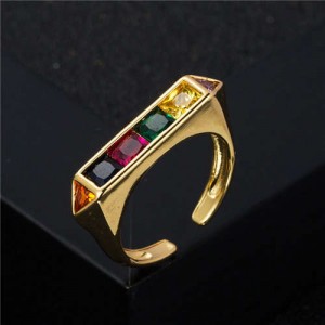 Popular Hip Hop Style Plain Unique Design Cubic Zirconia Women Costume Ring - Multicolor