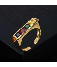 Popular Hip Hop Style Plain Unique Design Cubic Zirconia Women Costume Ring - Multicolor