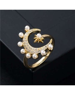 Cold Style Pearl Decorated Moon and Star Classic Design Women Copper Costume Ring
