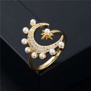 Cold Style Pearl Decorated Moon and Star Classic Design Women Copper Costume Ring