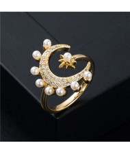 Cold Style Pearl Decorated Moon and Star Classic Design Women Copper Costume Ring