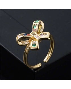 Korean Style Multicolor Cubic Zirconia Decorated Bot-knot Women Copper Ring