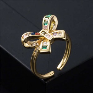 Korean Style Multicolor Cubic Zirconia Decorated Bot-knot Women Copper Ring
