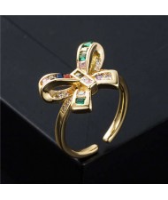 Korean Style Multicolor Cubic Zirconia Decorated Bot-knot Women Copper Ring