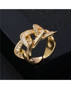 Bling Cubic Zirconia Inserted Thick Chain Shape Design Popular Exaggerated Women Ring