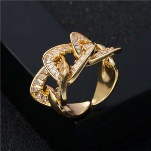 Bling Cubic Zirconia Inserted Thick Chain Shape Design Popular Exaggerated Women Ring