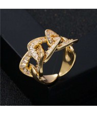 Bling Cubic Zirconia Inserted Thick Chain Shape Design Popular Exaggerated Women Ring