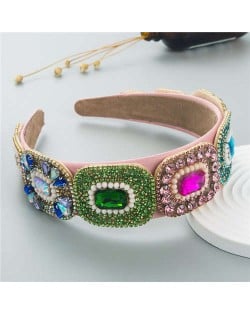 Vintage Baroque Style Glistening Rhinestone Bold Fashion Luxury Bejeweled Headband - Multicolor